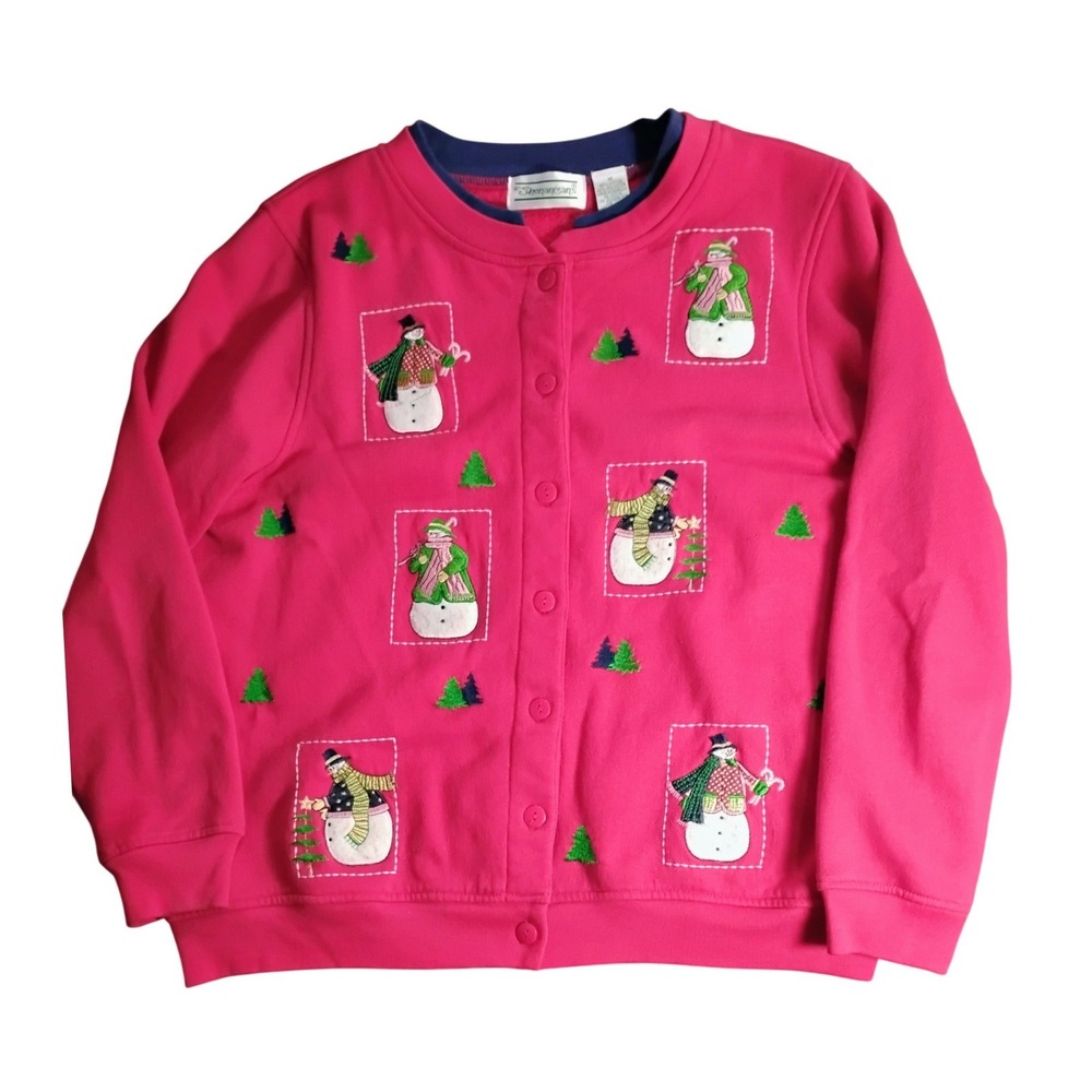 VTG Shenanigans Pink‎ Christmas Sweater Snowmen Embroidered Button Front M